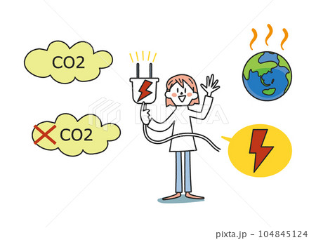 子供たちの未来とエネルギー　大きな電気プラグを持った小学生　セット　イラスト素材 104845124