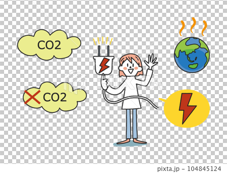 子供たちの未来とエネルギー　大きな電気プラグを持った小学生　セット　イラスト素材 104845124