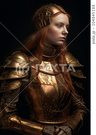Female warrior with red hair dressed in ancient armor and helmet looks to the side AI Female warrior with red hair dressed in ancient armor and helmet looks to the side AI 104845188