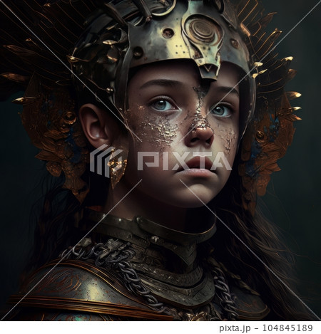 Female warrior dressed in ancient armor and a helmet, portrait AI 104845189