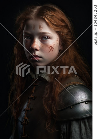 Female warrior with red hair dressed in dark ancient armor AI 104845203