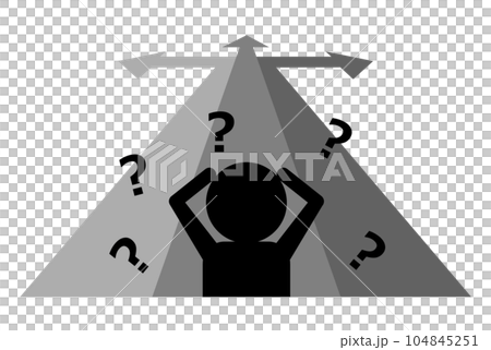 由於路線的箭頭分開而陷入選擇困擾的人的剪影 104845251