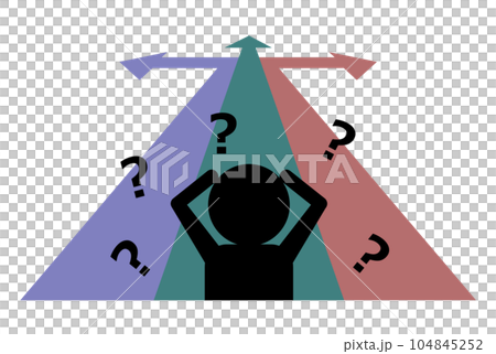 由於路線的箭頭分開而陷入選擇困擾的人的剪影 由於路線的箭頭分開而陷入選擇困擾的人的剪影 104845252