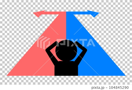 A silhouette of a person who is troubled with choices because the arrow of the course is divided into left and right 104845290