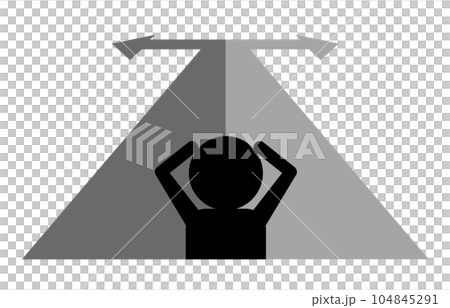 A silhouette of a person who is troubled with choices because the arrow of the course is divided into left and right 104845291