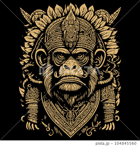Brown silhouette of monkey in ancient Aztec style isolated on black background. Print for t-shirt. Clipart. Brown silhouette of monkey in ancient Aztec style isolated on black background. Print for t-shirt. Clipart. 104845560