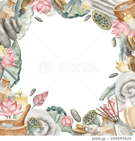 Spa Square Frame with Lotus Flowers and vintage toiletries. Hand drawn watercolor illustration of natural cosmetics on white isolated background. Drawing with body care products for icon or logo. Spa Square Frame with Lotus Flowers and vintage toiletries. Hand drawn watercolor illustration of natural cosmetics on white isolated background. Drawing with body care products for icon or logo. 104845626