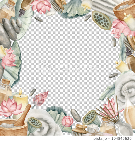 Spa Square Frame with Lotus Flowers and vintage toiletries. Hand drawn watercolor illustration of natural cosmetics on white isolated background. Drawing with body care products for icon or logo. Spa Square Frame with Lotus Flowers and vintage toiletries. Hand drawn watercolor illustration of natural cosmetics on white isolated background. Drawing with body care products for icon or logo. 104845626