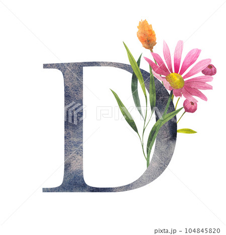 Letter D with watercolor wildflowers. Floral alphabet, set isolated letters with botanical bouquet. monogram initials perfectly for wedding invitation, birthday, greeting card and other design. 104845820