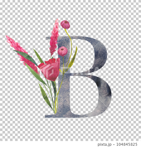 Letter B with watercolor wildflowers. Floral alphabet, set isolated letters with botanical bouquet. monogram initials perfectly for wedding invitation, birthday, greeting card and other design. 104845825