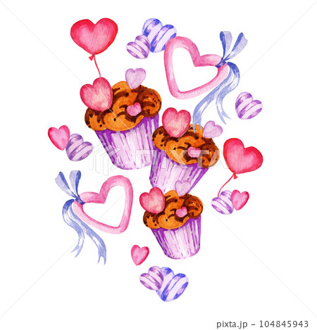 watercolour composition of Love theme with heart, muffins, sweets. Valentines Day background. Ideal for postcard, design, fabrics, cards. 104845943