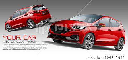 City car 5 doors red metallic front and back 3D design modern vector 104845945