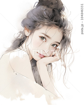 アップヘアスタイルの女性 水彩画（Generative AI）のイラスト素材