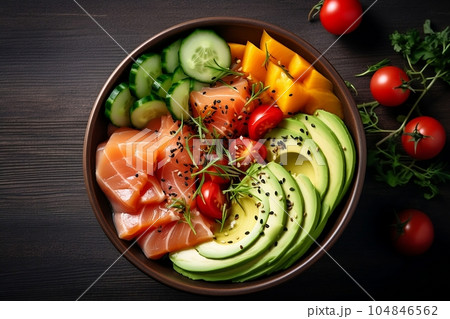 Hawaiian dish with salmon, avocado and cucumber Hawaiian dish with salmon, avocado and cucumber 104846562