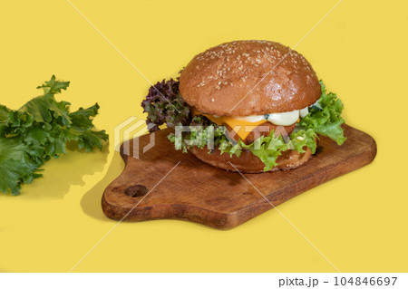 Grilled fresh burger with beef patty, tomatoes, cheese, cucumber and lettuce. On color. Grilled fresh burger with beef patty, tomatoes, cheese, cucumber and lettuce. On color. 104846697