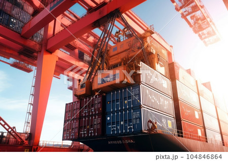 Port cargo terminal, transport hub. Huge industrial cranes loading containers on board a cargo ship and stack them evenly. Global freight transport and logistics concept. 3D illustration. Port cargo terminal, transport hub. Huge industrial cranes loading containers on board a cargo ship and stack them evenly. Global freight transport and logistics concept. 3D illustration. 104846864