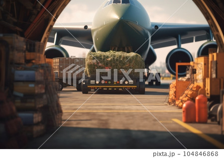 Transport aircraft in the airport cargo terminal. Large bales on trolleys ready for loading from hangar into the plane's open cargo hold. Global freight transportation concept. 3D illustration. Transport aircraft in the airport cargo terminal. Large bales on trolleys ready for loading from hangar into the plane's open cargo hold. Global freight transportation concept. 3D illustration. 104846868