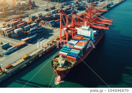 Aerial view of fully loaded container ship against the background of a cargo terminal in a seaport, port cranes, stacks of containers, railroads. Global freight logistics concept. 3D illustration. 104846870