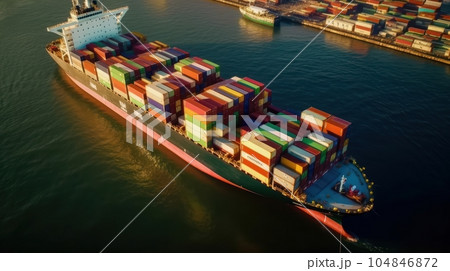 Aerial view of a cargo container ship. Fully loaded container ship against the background of a cargo terminal in a seaport, port cranes, railroads. Global freight logistics concept. 3D illustration. 104846872