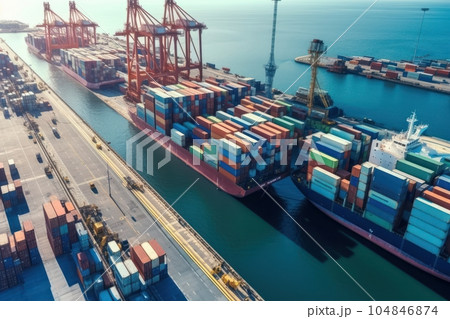 Aerial view of fully loaded container ship against the background of a cargo terminal in a seaport, port cranes, stacks of containers, railroads. Global freight logistics concept. 3D illustration. Aerial view of fully loaded container ship against the background of a cargo terminal in a seaport, port cranes, stacks of containers, railroads. Global freight logistics concept. 3D illustration. 104846874