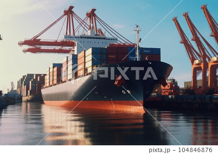Container ship enters the water area of a giant seaport cargo terminal. Port cranes on the berths are ready to unload the ship. Global freight transportation and logistics concept. 3D illustration. Container ship enters the water area of a giant seaport cargo terminal. Port cranes on the berths are ready to unload the ship. Global freight transportation and logistics concept. 3D illustration. 104846876