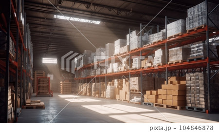 Large industrial warehouse. High racks filled with boxes and containers. Boxes on pallets in the sorting area. Daylight fills the room through the windows. Global logistics concept. 3D illustration. Large industrial warehouse. High racks filled with boxes and containers. Boxes on pallets in the sorting area. Daylight fills the room through the windows. Global logistics concept. 3D illustration. 104846878
