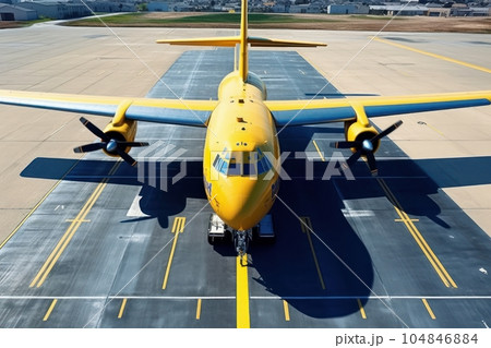 Aerial view of a modern civil aircraft on the airfield runway. Wide body jet ready to take off against the airport background. Global travel and transportation concept. 3D illustration. 104846884