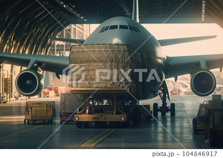Transport aircraft in the hangar of cargo terminal. Large bales on the trolley ready for loading into the plane's open cargo hold. Global freight transportation and logistics concept. 3D illustration. 104846917