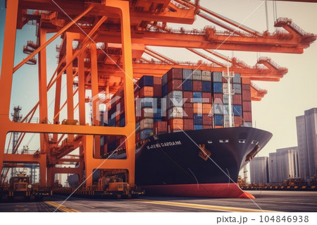 Port cargo terminal, transport hub. Huge industrial cranes loading containers on board a cargo ship and stack them evenly. Global freight transport and logistics concept. 3D illustration. Port cargo terminal, transport hub. Huge industrial cranes loading containers on board a cargo ship and stack them evenly. Global freight transport and logistics concept. 3D illustration. 104846938