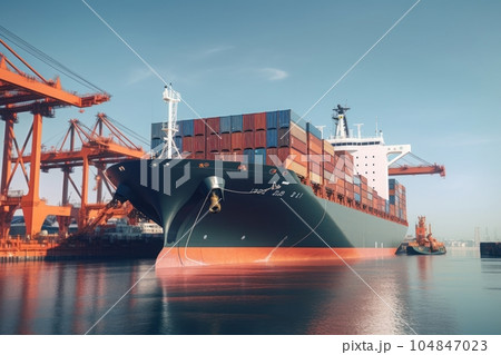 Container ship enters the water area of a giant seaport cargo terminal. Port cranes on the berths are ready to unload the ship. Global freight transportation and logistics concept. 3D illustration. Container ship enters the water area of a giant seaport cargo terminal. Port cranes on the berths are ready to unload the ship. Global freight transportation and logistics concept. 3D illustration. 104847023