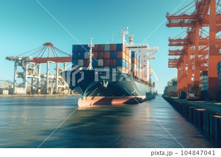 Container ship enters the water area of a giant seaport cargo terminal. Port cranes on the berths are ready to unload the ship. Global freight transportation and logistics concept. 3D illustration. 104847041
