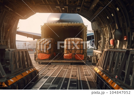 Transport aircraft in the airport cargo terminal. Large bales on trolleys ready for loading from hangar into the plane's open cargo hold. Global freight transportation concept. 3D illustration. Transport aircraft in the airport cargo terminal. Large bales on trolleys ready for loading from hangar into the plane's open cargo hold. Global freight transportation concept. 3D illustration. 104847052