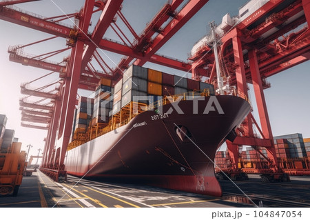 Port cranes loading containers on board a ship at cargo terminal of the seaport. Containers are stacked evenly and secured. Global transportation and logistic concept. 3D illustration. Port cranes loading containers on board a ship at cargo terminal of the seaport. Containers are stacked evenly and secured. Global transportation and logistic concept. 3D illustration. 104847054