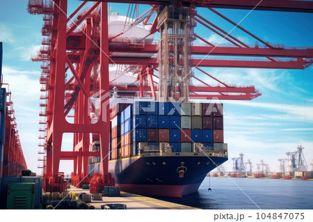Port cargo terminal, transport hub. Huge industrial cranes loading containers on board a cargo ship and stack them evenly. Global freight transport and logistics concept. 3D illustration. 104847075