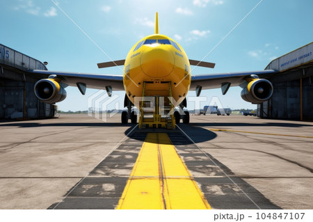 Front view from the ground of a cargo plane at the airport. Loaded transport aircraft is taxing from the cargo terminal to the runway. Global freight transport and logistics concept. 3D illustration. 104847107