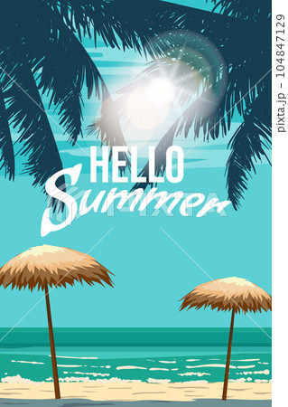 Hello Summer Retro Poster. Tropical resort coast beach, beach straw umbrella, palm, surf, ocean. Summer vacation holiday 104847129