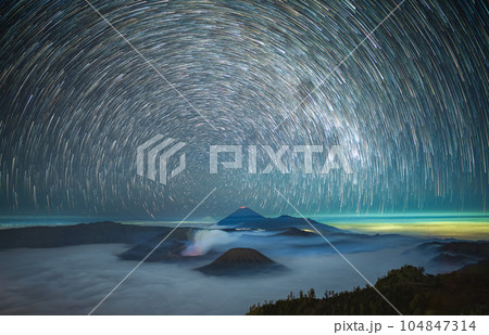Star trail over Mount Bromo volcano,Tengger Semeru National Park, East Java, Indonesia 104847314