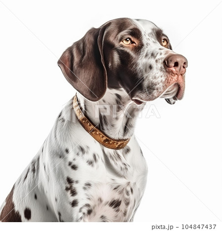 Pointer dog portrait close-up isolated on white. Brave pet, loyal friend, good companion, hunting breed,  104847437