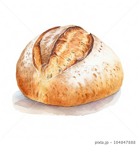 Freshly Baked Sourdough Bread Background, Square Watercolor Illustration. Crusty Pastry, Gourmet Bakery. Ai Generated Soft Colored Watercolor Illustration with Aromatic Traditional Sourdough Bread. 104847888