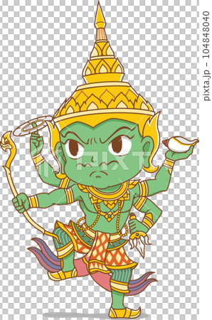 Cartoon character of green Indra god in Thai style. Cartoon character of green Indra god in Thai style. 104848040