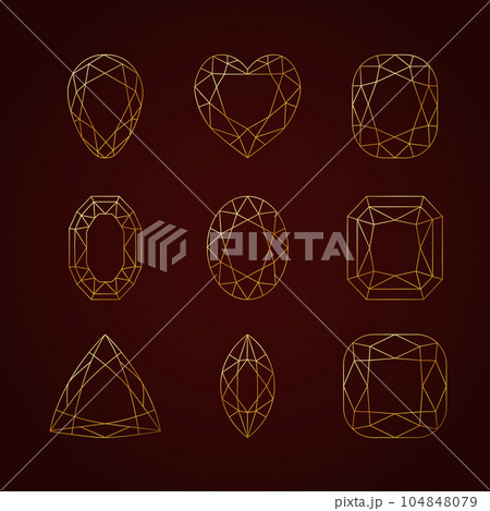 Collection of nine beautiful linear gemstones in gold color on a dark background. Collection of nine beautiful linear gemstones in gold color on a dark background. 104848079