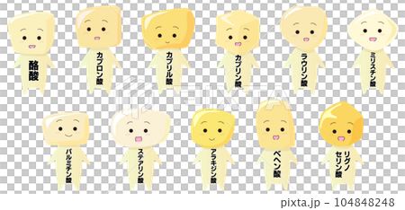 かわいい飽和脂肪酸キャラクター素材セット　酪酸　カプロン酸　カプリル酸　カプリン酸　ラウリン酸 104848248