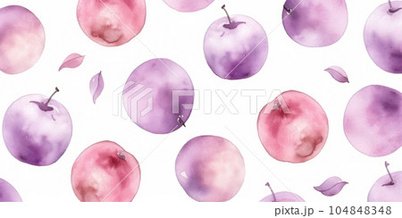 Fresh Organic Plum Fruit Background, Horizontal Watercolor Illustration. Healthy Vegetarian Diet. Ai Generated Soft Colored Watercolor Illustration with Delicious Juicy Plum Fruit. 104848348
