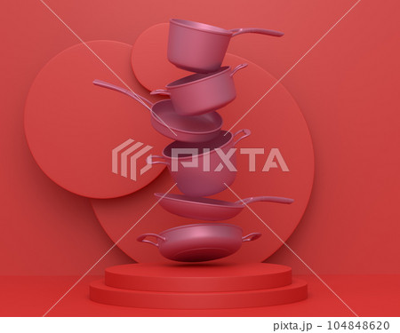 Abstract scene or podium with stewpot and frying pans on monochrome. 104848620