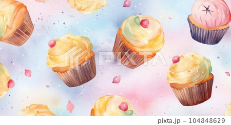 Freshly Baked Muffin Pastry Background, Horizontal Watercolor Illustration. Crusty Pastry, Gourmet Bakery. Ai Generated Soft Colored Watercolor Illustration with Aromatic Traditional Muffin Pastry. 104848629