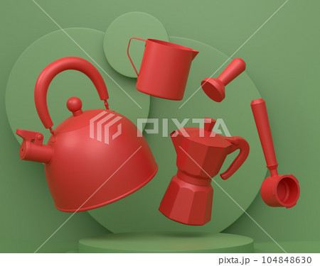 Abstract scene or podium with kitchen appliances and utensils on monochrome. 104848630