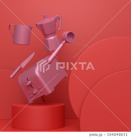 Abstract scene or podium with kitchen appliances and utensils on monochrome. 104848631
