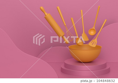 Abstract scene or podium with bowl and kitchen utensil on monochrome. 104848632