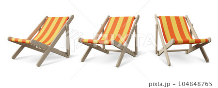 Set of Beach chaise longue for summer rest. Wooden deck chair. Set of Beach chaise longue for summer rest. Wooden deck chair. 104848765