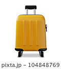 Realistic 3d yellow plastic travel suitcase with wheels. Vacation accessory. 104848769